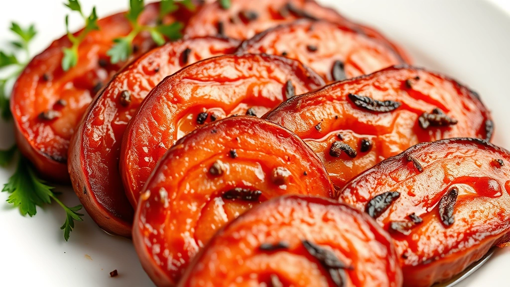 detail: close-up of spicy red andouille sausage slices with visible spices and char marks, glistening with oil, photographed on white plate with fresh herbs, photorealistic, natural light, no text