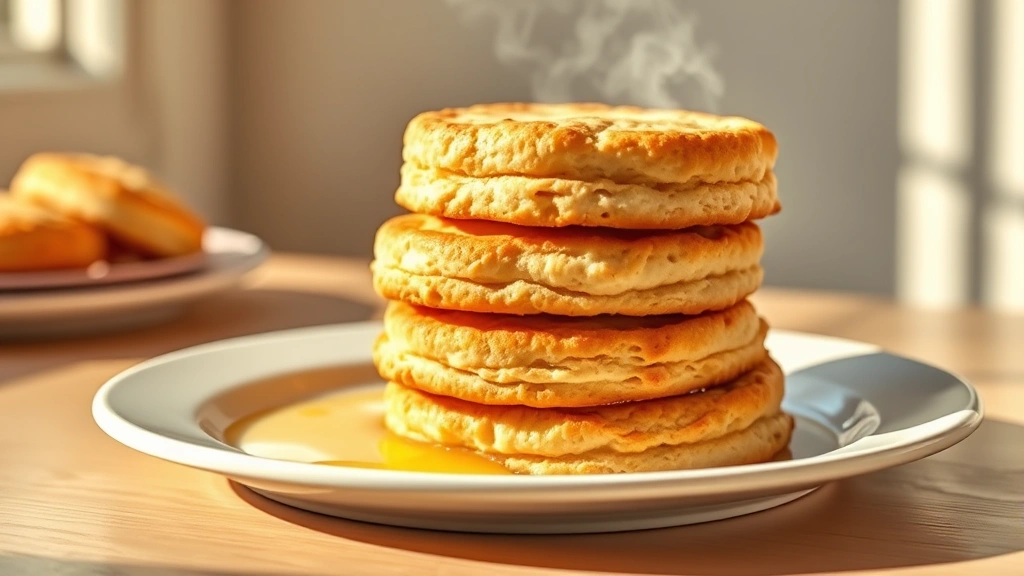 hero: golden-brown angel biscuits stacked on a white plate with melted butter and steam rising, photorealistic, warm natural sunlight from the side, no text