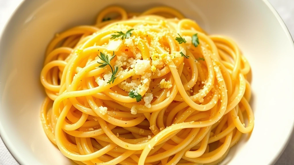 hero: perfectly cooked angel hair pasta with golden garlic oil sauce, fresh lemon zest and parmesan cheese, served in a white bowl with herbs, photorealistic, natural afternoon light, no text