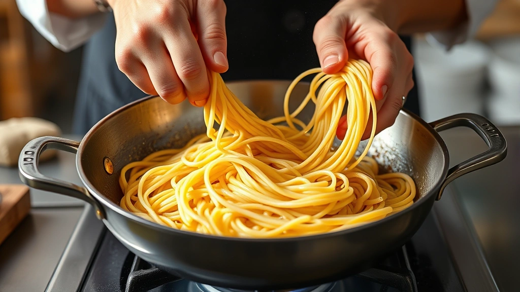 process: chef's hands tossing delicate angel hair pasta in a warm skillet with garlic-infused olive oil, photorealistic, bright kitchen lighting, no text