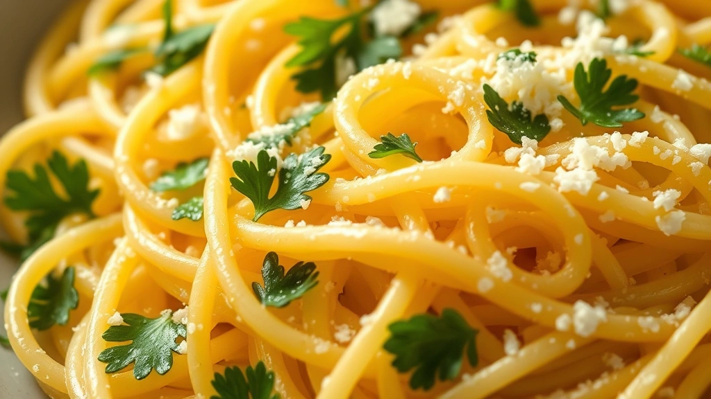 detail: extreme close-up of glistening angel hair pasta strands coated in silky garlic oil with fresh parsley and grated parmigiano-reggiano, photorealistic, warm natural light, no text