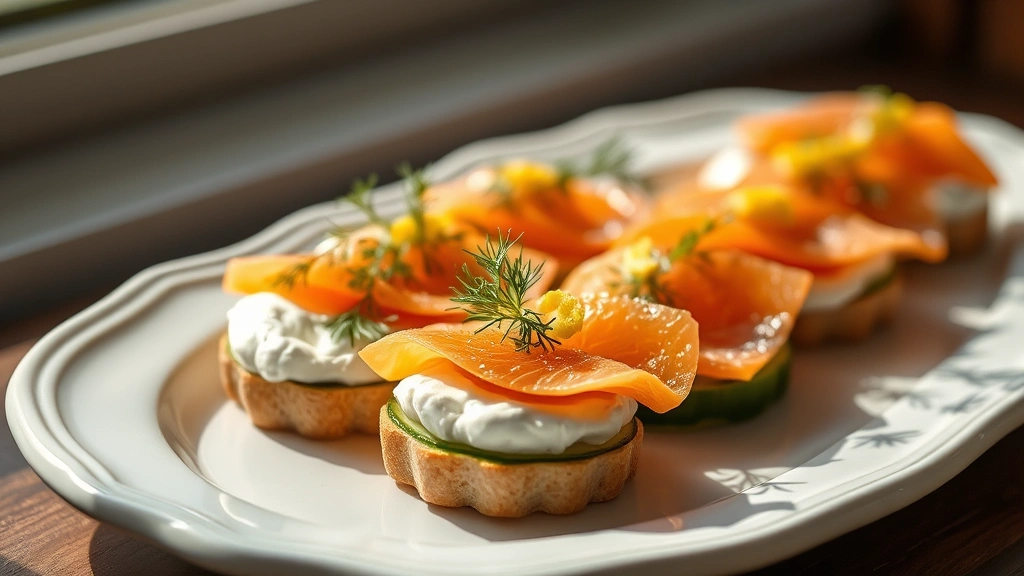 hero: elegant smoked salmon and cream cheese appetizer on white ceramic platter with fresh dill, lemon zest, microgreens, cucumber slices, photorealistic, natural window light, soft shadows, styled for entertaining