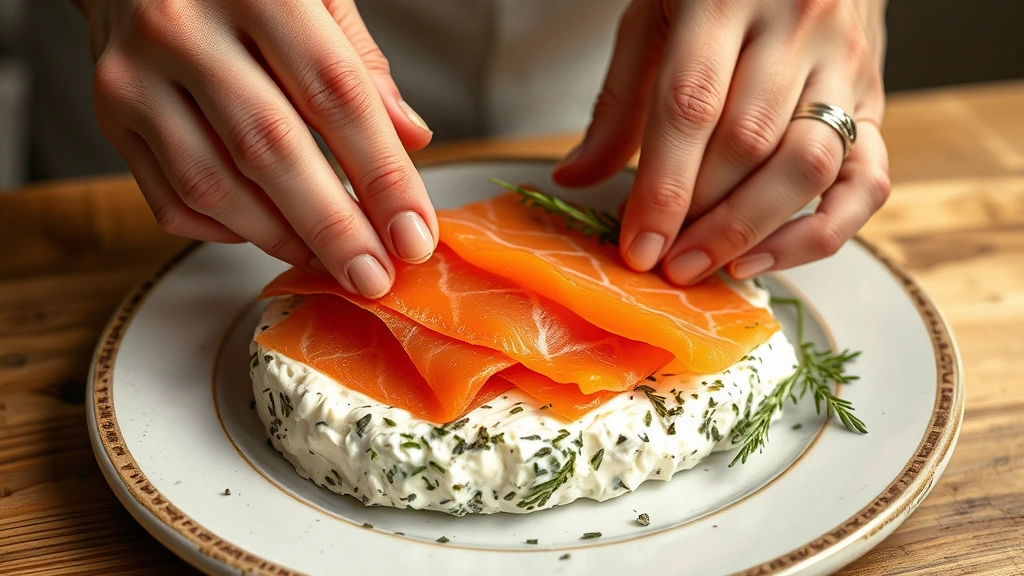 process: hands arranging overlapping smoked salmon slices over herbed cream cheese base on platter, photorealistic, warm natural light, detailed finger work visible