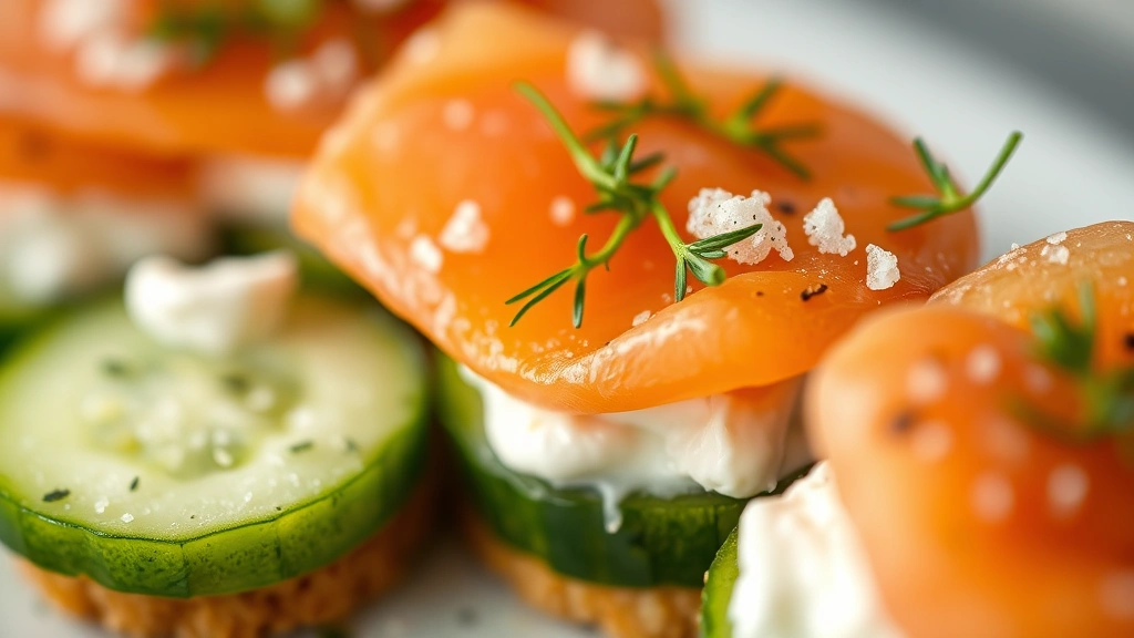 detail: close-up of layered appetizer showing texture of salmon, cream cheese, cucumber, fresh herbs, and fleur de sel, photorealistic, macro photography, shallow depth of field, elegant styling