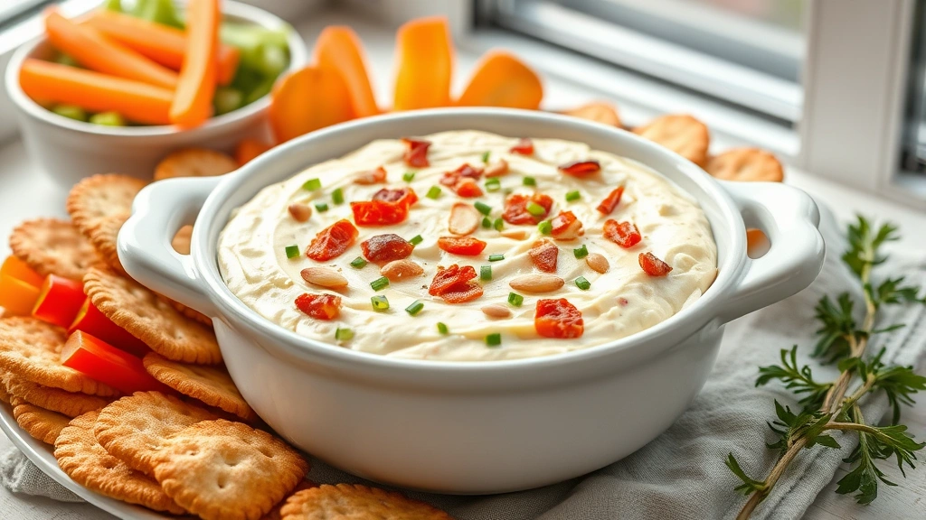 hero: creamy cheese dip garnished with bacon, chives, and almonds in a white ceramic bowl surrounded by crackers and fresh vegetables, warm natural window light, styled on a linen napkin with fresh herbs nearby, no text