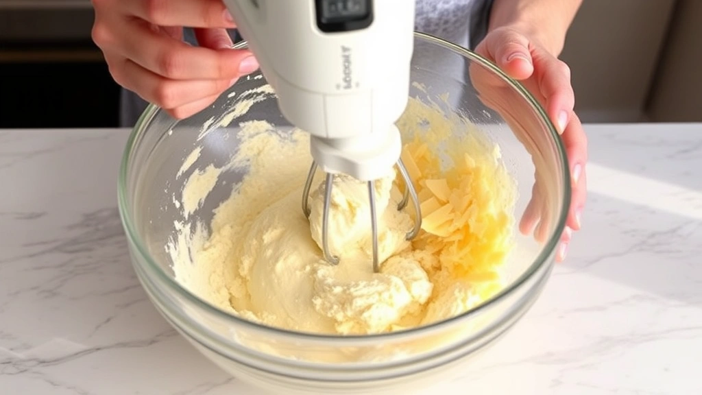 process: hands mixing cream cheese and cheddar together in a glass bowl with electric mixer, ingredients visible on marble countertop, natural kitchen light, no text