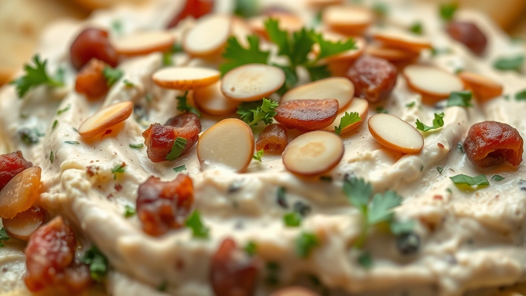 detail: close-up of finished dip showing texture of bacon pieces, fresh parsley, caramelized onions and sliced almonds on top, shallow depth of field, natural light, no text