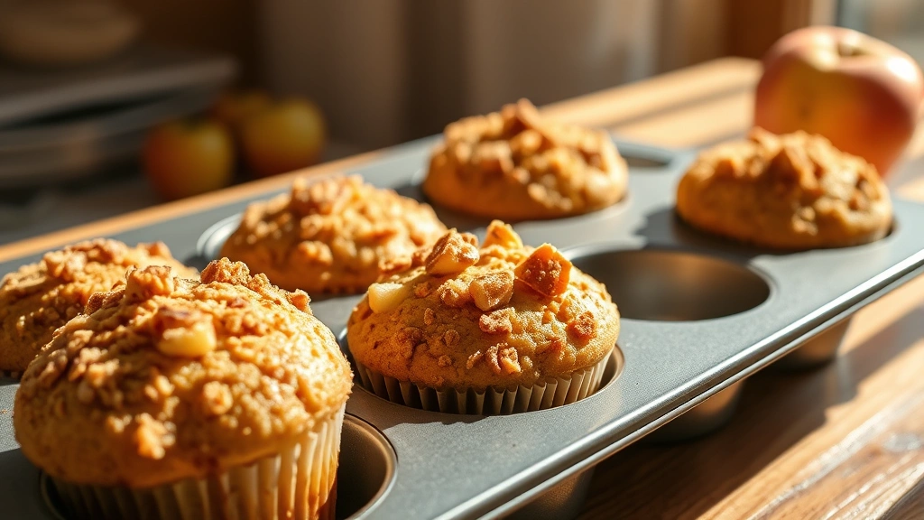 hero: golden-brown apple breakfast muffins with cinnamon streusel topping in a muffin tin, diced fresh apples visible, warm natural sunlight streaming across wooden table, professional food photography, no text or watermarks