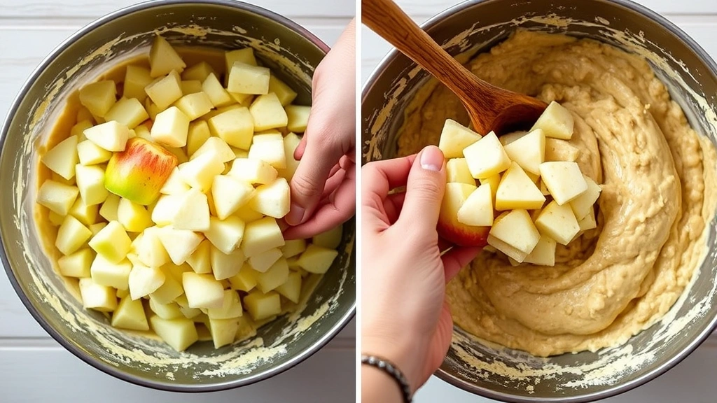 process: hands folding fresh diced apples into muffin batter in a mixing bowl, wooden spoon, natural kitchen lighting, flour dust visible, no text or watermarks