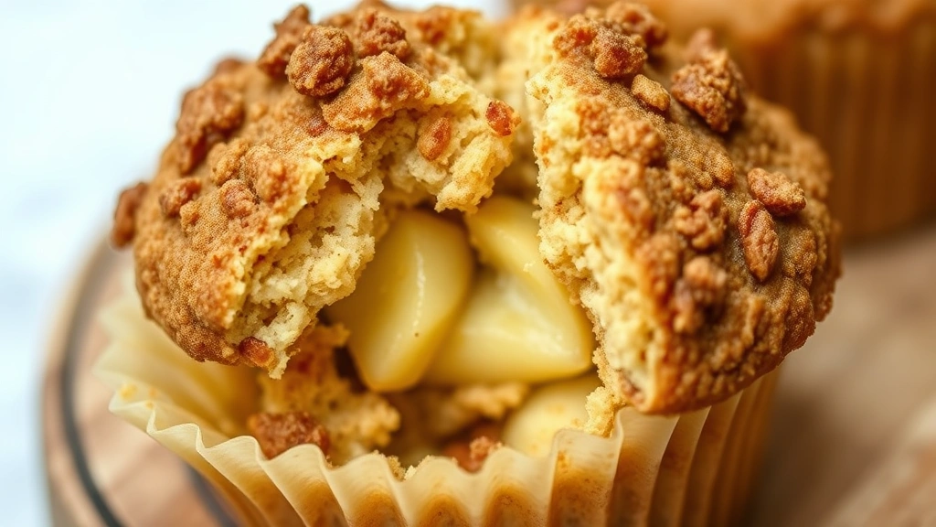 detail: close-up of single apple muffin with cinnamon streusel topping broken open showing tender crumb and apple pieces inside, natural lighting, shallow depth of field, no text or watermarks