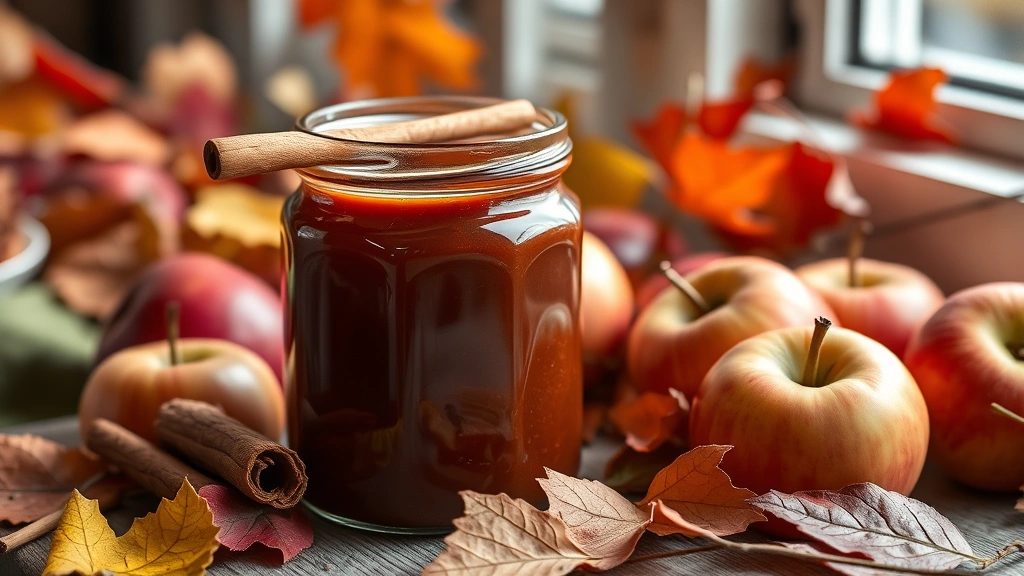 hero: jar of deep mahogany apple butter with cinnamon stick, surrounded by fresh apples and autumn leaves, photorealistic, warm natural window light, no text