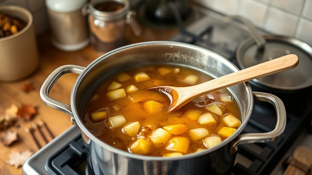 process: large pot of bubbling apple butter on stovetop, wooden spoon stirring, steam rising, autumn kitchen setting, photorealistic, natural light, no text