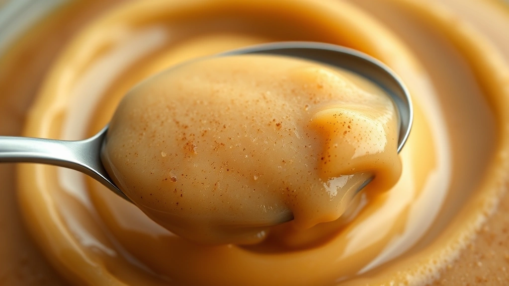 detail: close-up of creamy apple butter texture with cinnamon swirl, spoon lifting some butter showing silky consistency, photorealistic, warm natural light, no text