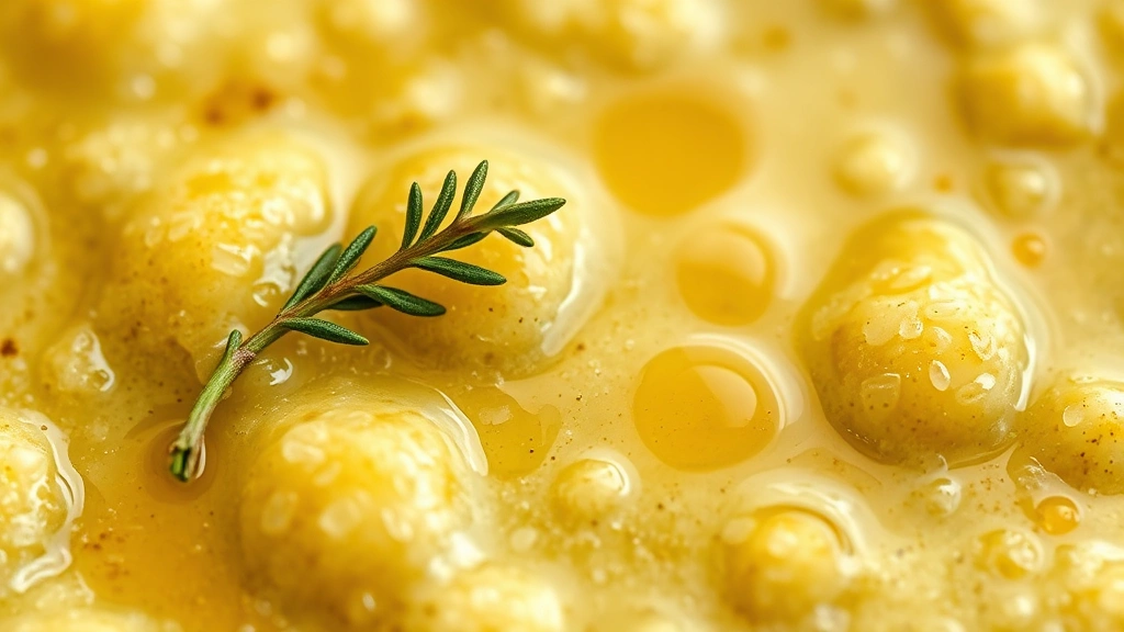 detail: extreme close-up of creamy emulsified apple cider vinaigrette texture, glistening with oil, garnished with fresh thyme sprig, photorealistic, macro photography style, no text