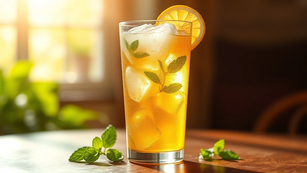 hero: tall glass filled with golden apple cider vinegar beverage over ice with fresh mint leaves and lemon slice, condensation on glass, bright natural sunlight streaming through, wooden table background, photorealistic, no text