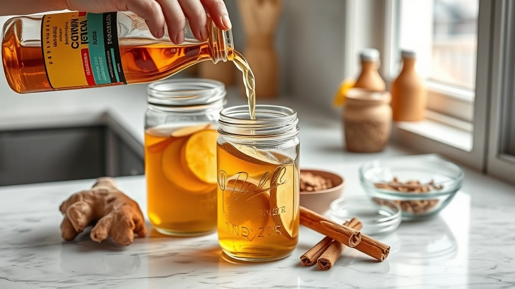 process: hands pouring golden apple cider vinegar into glass jar with fresh ginger slices and cinnamon sticks visible, ingredients arranged nearby on marble countertop, natural window light, photorealistic, no text