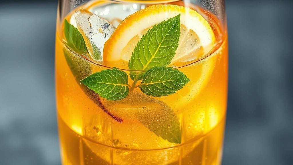 detail: close-up of golden apple cider vinegar beverage in crystal glass with ice, fresh mint leaf floating, lemon wheel garnish, water droplets on glass, soft natural light, photorealistic, no text