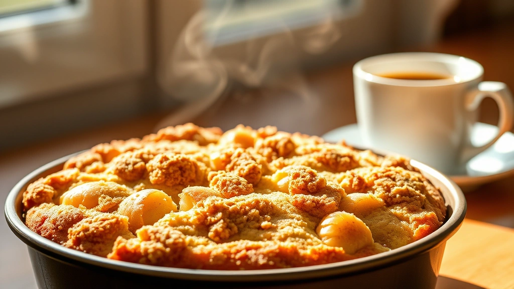 hero: golden apple coffee cake with buttery crumb topping in a baking pan, sliced to show moist tender crumb with soft apples throughout, warm morning light streaming across, steam rising slightly, cup of coffee visible in background