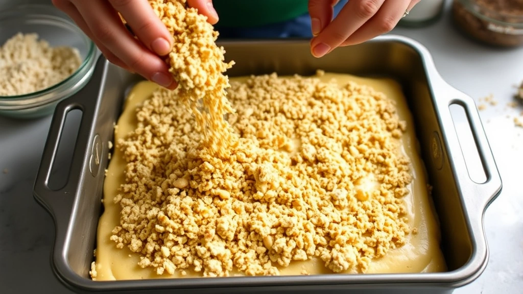 process: hands sprinkling golden brown streusel topping over apple cake batter in baking pan, showing texture and distribution of crumb mixture, natural kitchen lighting, ingredients visible nearby