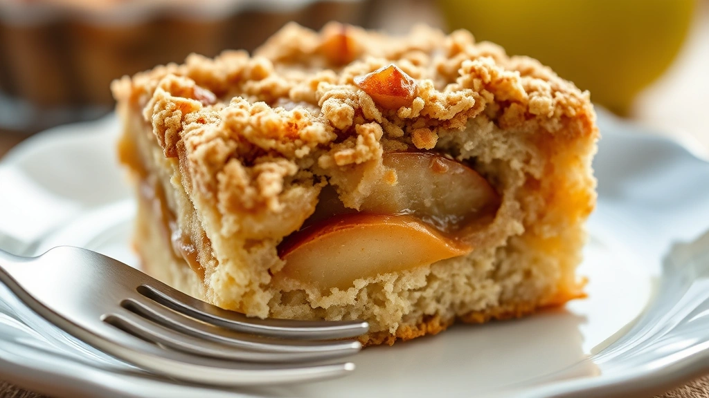 detail: close-up of a single slice of apple coffee cake showing the junction between tender cake, soft spiced apples, and crispy golden streusel topping, shallow depth of field, warm natural light, fork visible at edge