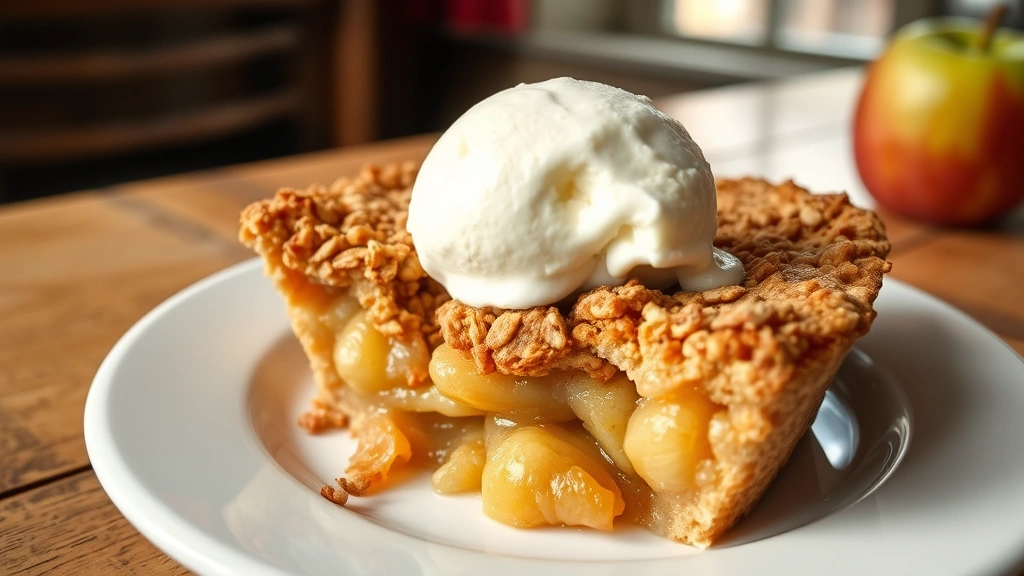 hero: golden-brown apple crisp pie with bubbling apple filling around edges, crispy oat topping, served on white plate with vanilla ice cream melting on top, rustic farmhouse table setting, warm natural window light, no text