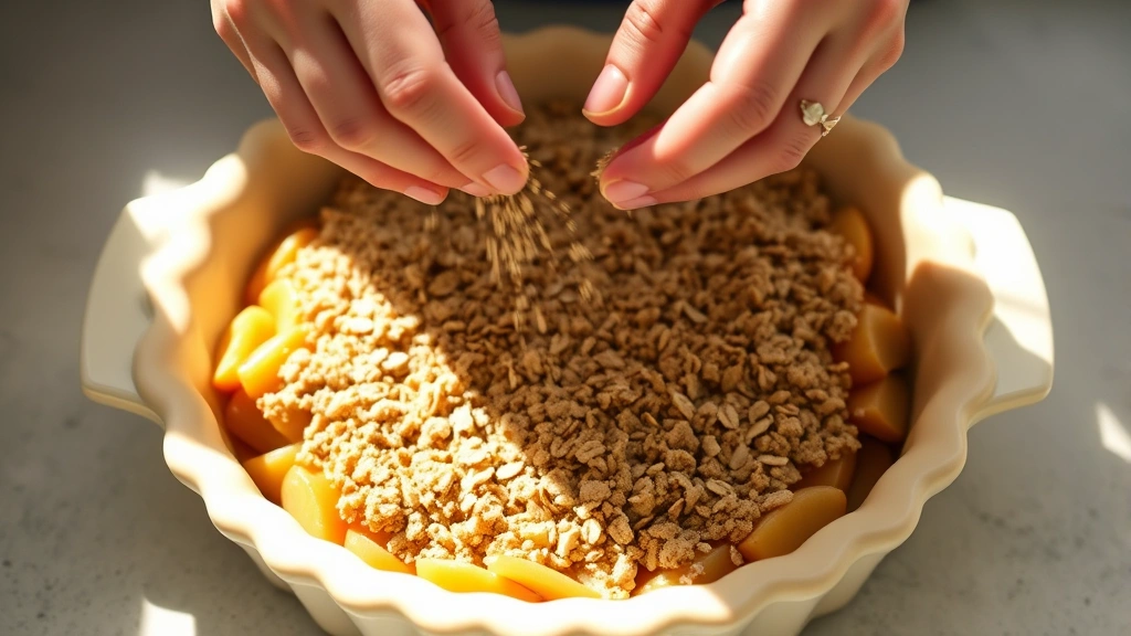 process: hands sprinkling oat crisp topping over spiced apple filling in pie crust, golden butter crumbles visible, bright kitchen counter, natural daylight, no text