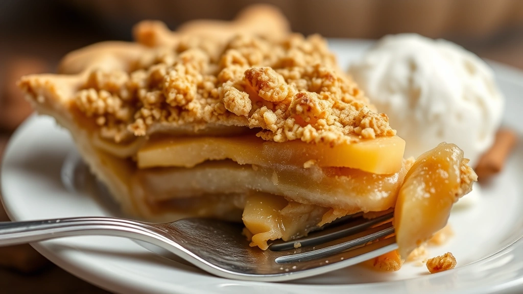 detail: close-up cross-section of baked apple crisp pie showing layers of tender apples and golden crispy topping, single slice on fork with vanilla ice cream, shallow depth of field, no text