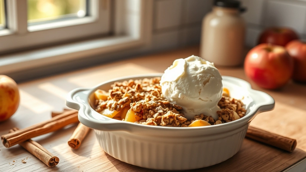 hero: warm apple crisp with oatmeal topping in white ceramic dish, served with vanilla ice cream melting on top, cinnamon and fresh apples scattered nearby, natural afternoon light through kitchen window, cozy autumn aesthetic, no text