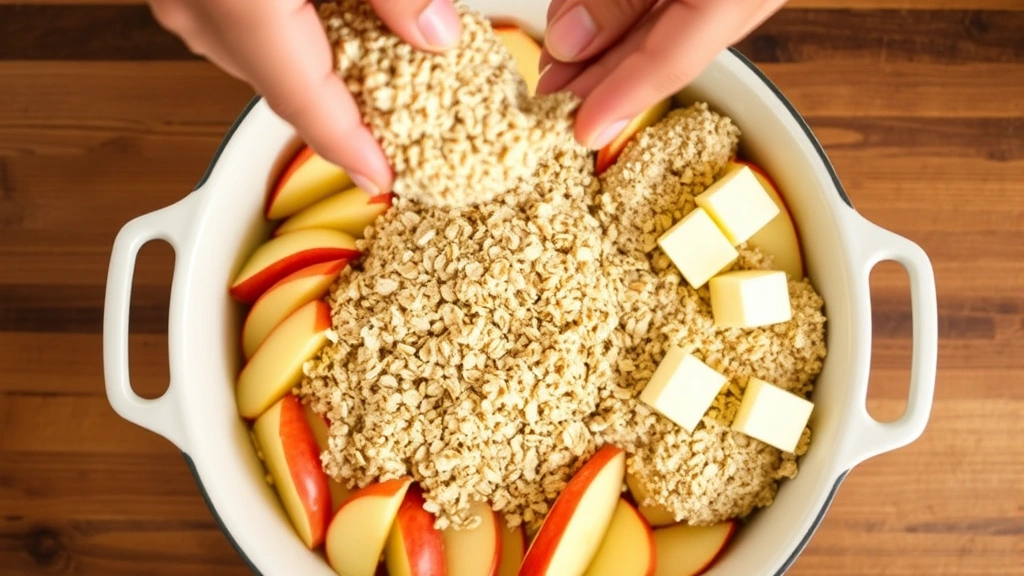 process: hands sprinkling oatmeal topping mixture over sliced apples in baking dish, butter cubes visible in oat mixture, overhead view, warm kitchen lighting, natural preparation scene, no text