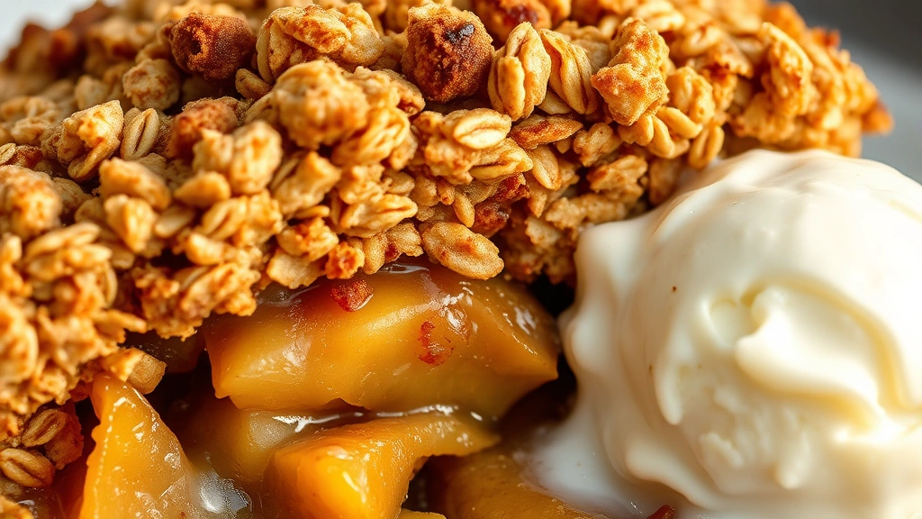 detail: close-up cross-section of baked apple crisp showing golden oatmeal topping with cinnamon-spiced apple filling underneath, steam rising, melting vanilla ice cream on side, macro photography, soft golden hour lighting, no text