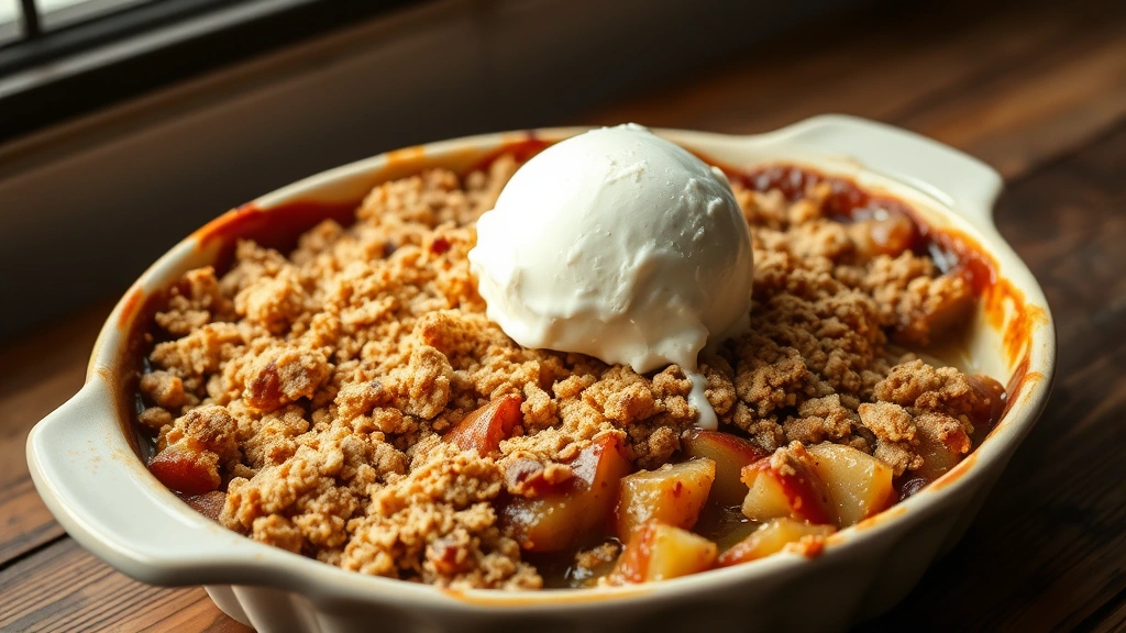 hero: warm apple crisp with golden-brown crispy topping, bubbling fruit filling visible at edges, served in ceramic baking dish, vanilla ice cream melting on top, natural window light, rustic wooden table, no text or watermarks