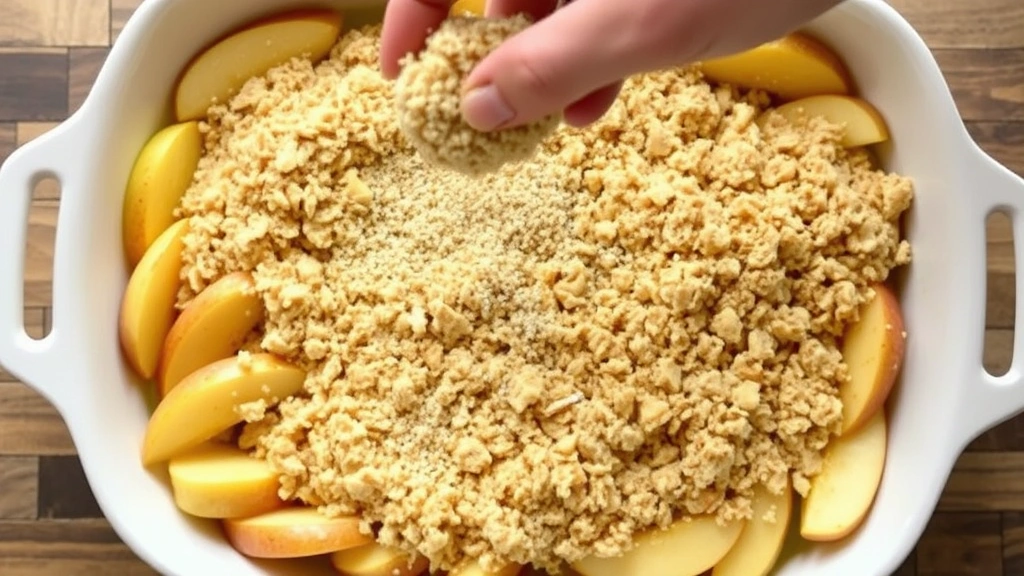process: hand sprinkling crisp topping mixture over sliced apples in baking dish, close-up action shot, natural daylight from above, showing texture of topping before baking, no people, no text