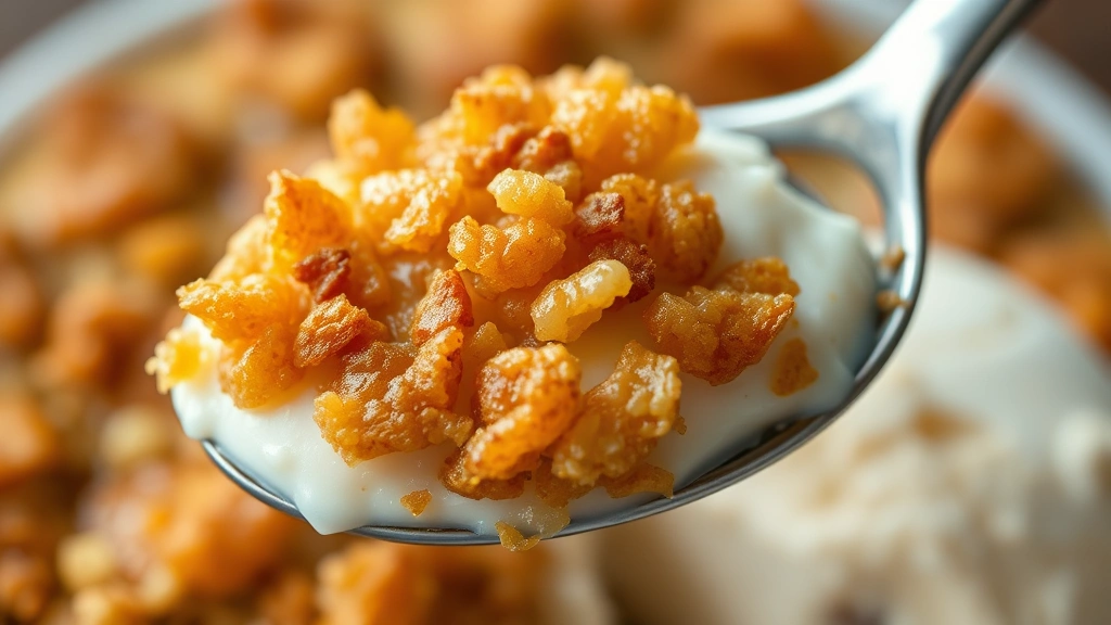 detail: close-up macro shot of golden-brown baked crisp topping showing texture and caramelization, single spoonful with ice cream, shallow depth of field, warm natural lighting, no text or branding
