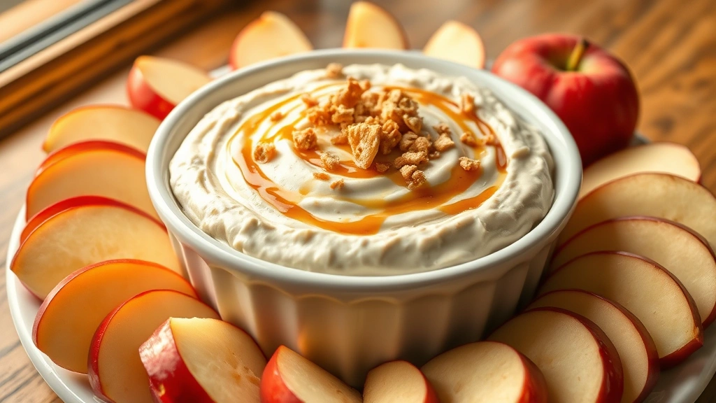 hero: creamy apple dip in white ceramic bowl with fresh sliced apples arranged around it, caramel drizzle on top, crushed toffee bits, warm natural window light, wooden table background, photorealistic, no text, inviting and appetizing