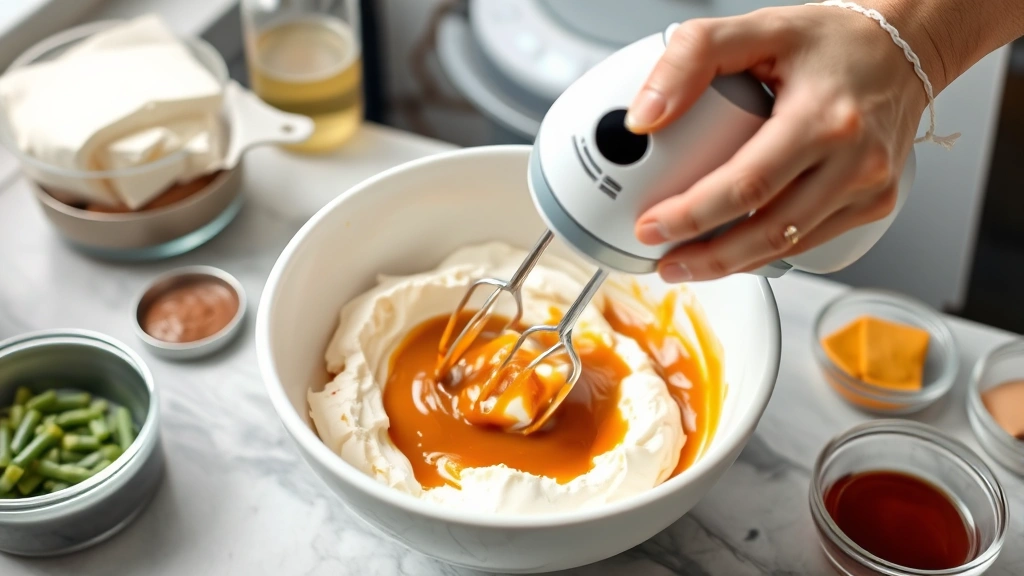 process: hands mixing cream cheese and caramel sauce in white bowl with electric mixer, ingredients visible nearby, bright kitchen lighting, photorealistic, no text, demonstrating ease of preparation