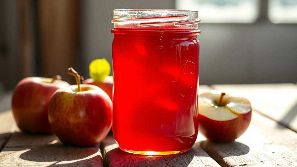 hero: perfect jar of ruby red apple jelly with morning sunlight streaming through it, placed on a rustic wooden surface with fresh apples nearby, photorealistic, natural light, no text