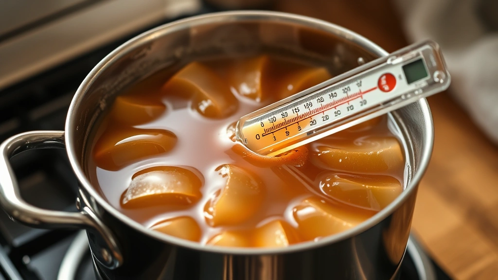 process: pot of bubbling apple jelly at perfect rolling boil with candy thermometer inserted, steam rising, capturing the moment at jelly stage, photorealistic, natural light, no text