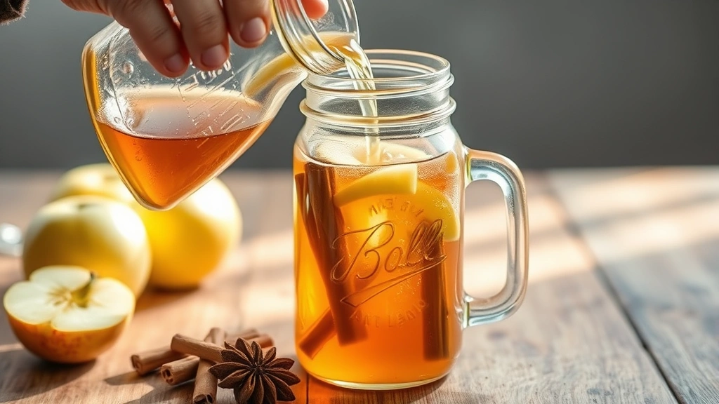process: hands pouring apple cider into glass jar with cinnamon sticks and spices visible, infusion process in progress, amber liquid catching light, photorealistic, natural light, no text