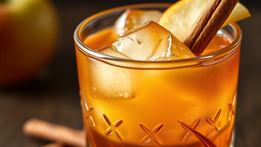 detail: close-up of apple pie moonshine in crystal glass with cinnamon stick, ice, and fresh apple slice garnish, golden amber color, detailed texture, photorealistic, natural light, no text