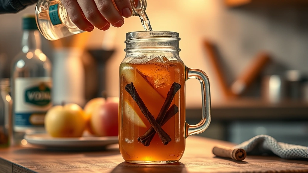 process: hands pouring apple cider into a glass jar with spices and vodka, warm kitchen lighting, close-up shot, photorealistic, no text
