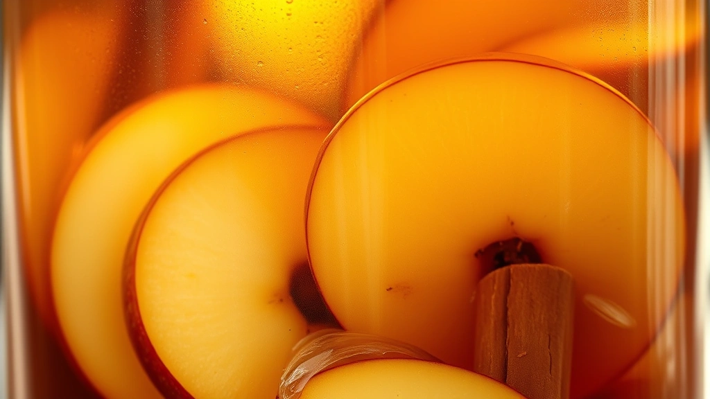 detail: close-up of finished moonshine showing apple slices, cinnamon sticks, and deep amber color, backlit by natural light, photorealistic, no text