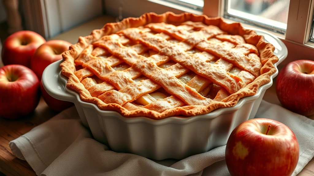 hero: golden-brown baked apple pie in ceramic dish, steam rising from lattice crust slits, warm natural window light, fresh apples scattered nearby, no text, appetizing