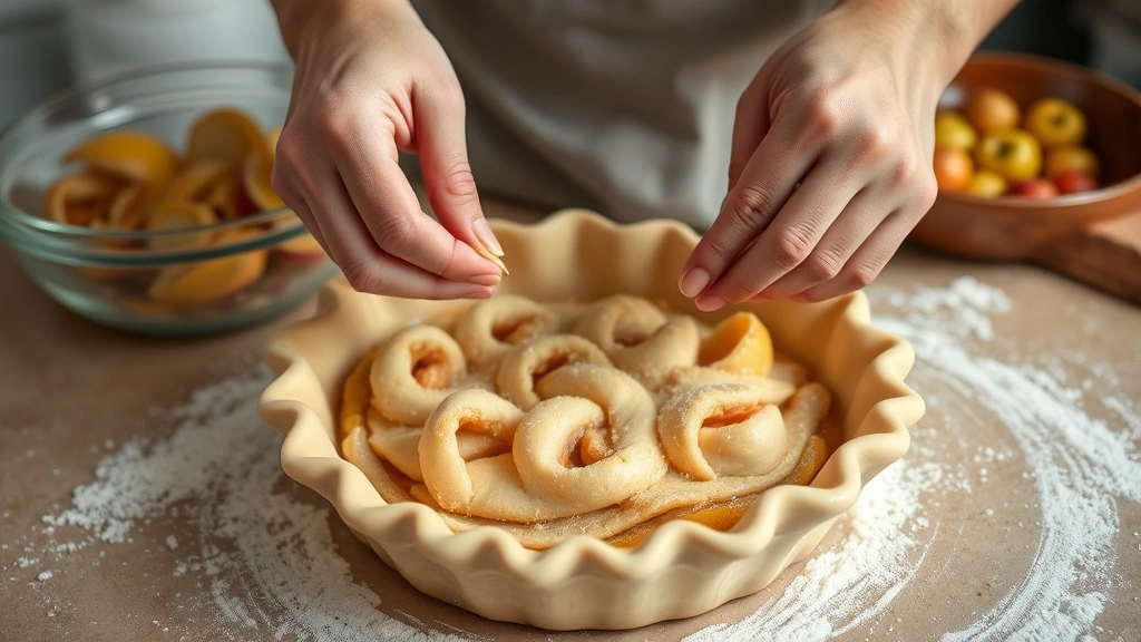 process: hands crimping pie crust edges decoratively, bowl of spiced apple filling in background, flour dusted counter, natural kitchen lighting, action shot, no text