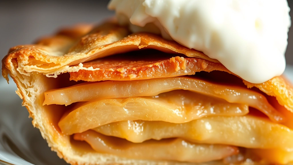 detail: close-up cross-section of baked apple pie slice showing layered tender apples and filling, golden crust, vanilla ice cream melting on top, macro photography, natural light, no text
