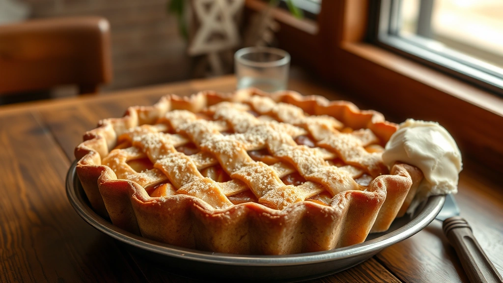 hero: golden-brown apple pie with lattice crust and coarse sugar topping, fresh from oven, steam rising, served on wooden table with vanilla ice cream on the side, photorealistic, warm natural light from window, no text, inviting and appetizing