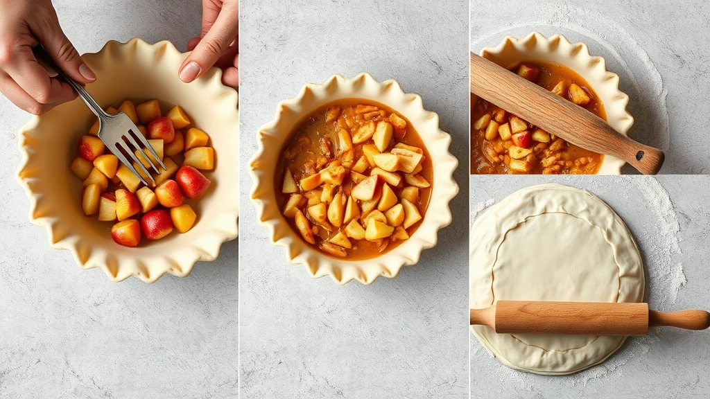 process: hands crimping pie crust edges with fork, raw apple filling in pie dish, raw dough being rolled out with wooden rolling pin on floured surface, photorealistic, natural daylight, no text, showing preparation steps
