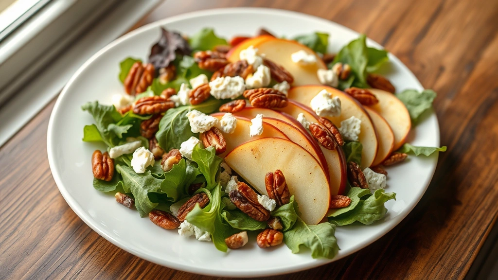 hero: Beautiful plated apple salad with mixed greens, sliced apples, candied pecans, and crumbled goat cheese, vibrant fall colors, fresh and elegant presentation, natural window light, shot from above on white plate