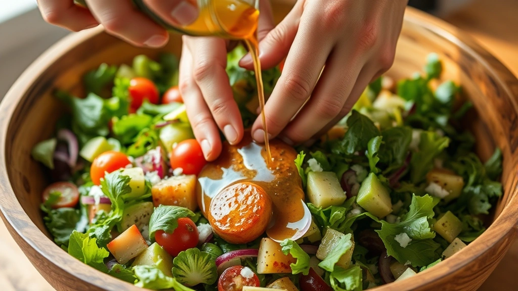 process: Hands tossing fresh salad ingredients in a large wooden bowl with apple cider vinaigrette being drizzled, warm natural light, close-up action shot showing motion and freshness