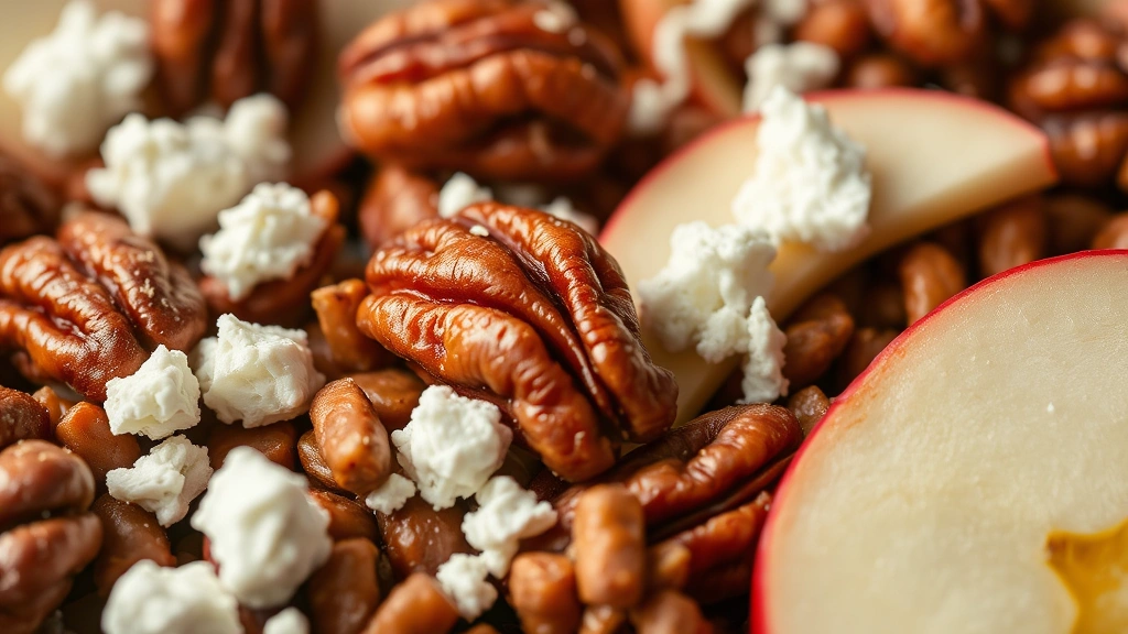 detail: Close-up of candied pecans with goat cheese crumbles and fresh apple slices showing texture, warm diffused natural light, shallow depth of field, appetizing and detailed