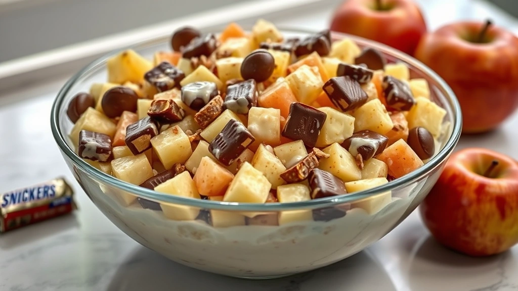 hero: bowl of apple Snickers salad with diced apples and Snickers pieces coated in creamy dressing, photorealistic, natural window light, styled on white marble countertop with fresh apples nearby, no text